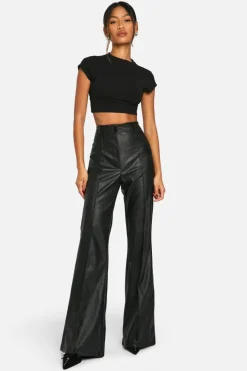Flash Sale boohoo Leather Look High Waisted Seam Front Flared Trousers black