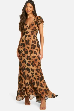 Cheap boohoo Leopard Crinkle Chiffon Angel Sleeve Maxi Dress brown
