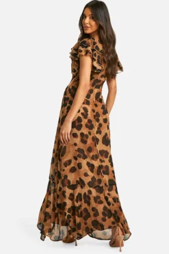 Cheap boohoo Leopard Crinkle Chiffon Angel Sleeve Maxi Dress brown