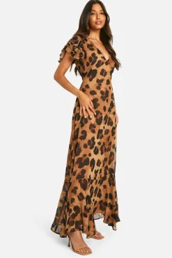 Cheap boohoo Leopard Crinkle Chiffon Angel Sleeve Maxi Dress brown