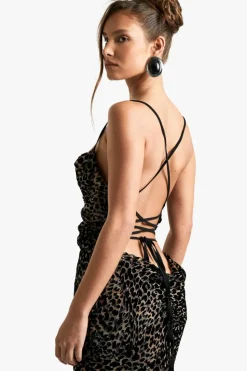 Cheap boohoo Leopard Devore Cowl Neck Tie Back Maxi Dress brown