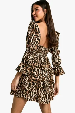 Sale boohoo Leopard Gathered Puff Sleeve Smock Dress brown