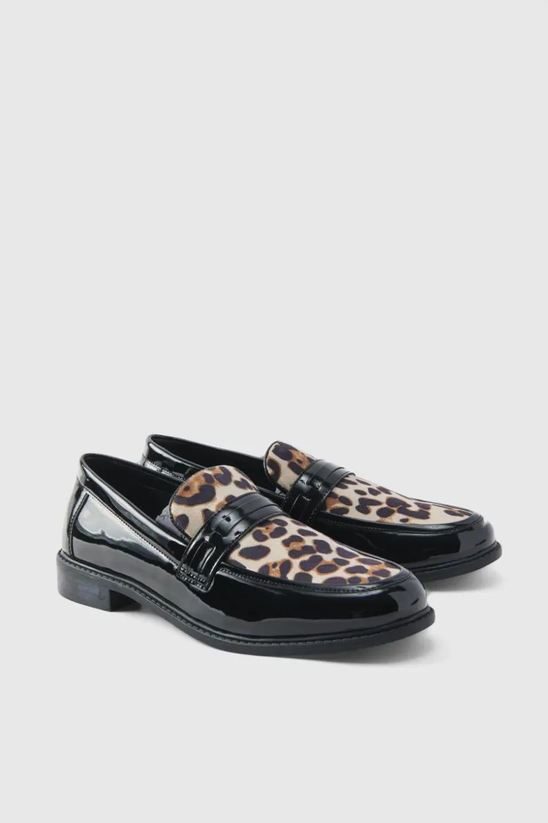 Best Sale boohooMAN Leopard Patent Pu Loafers black