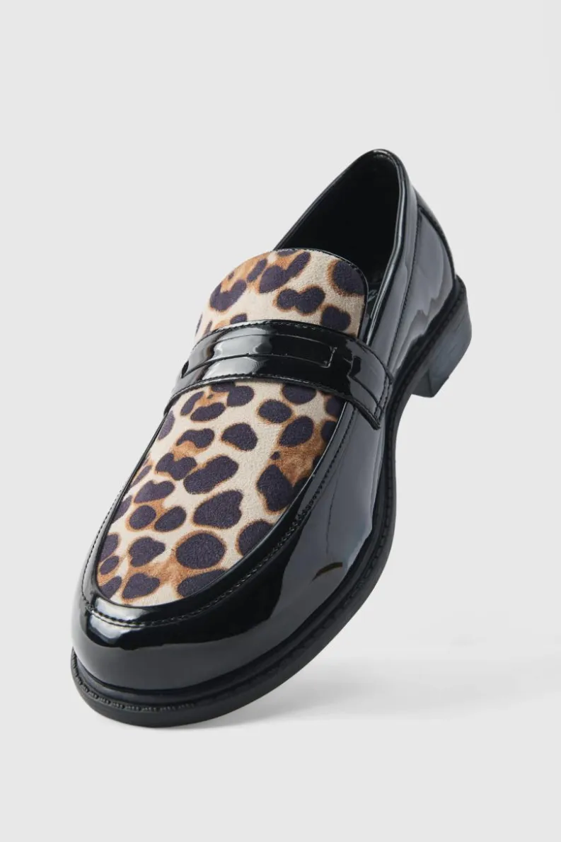 Best Sale boohooMAN Leopard Patent Pu Loafers black