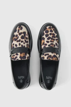 Best Sale boohooMAN Leopard Patent Pu Loafers black