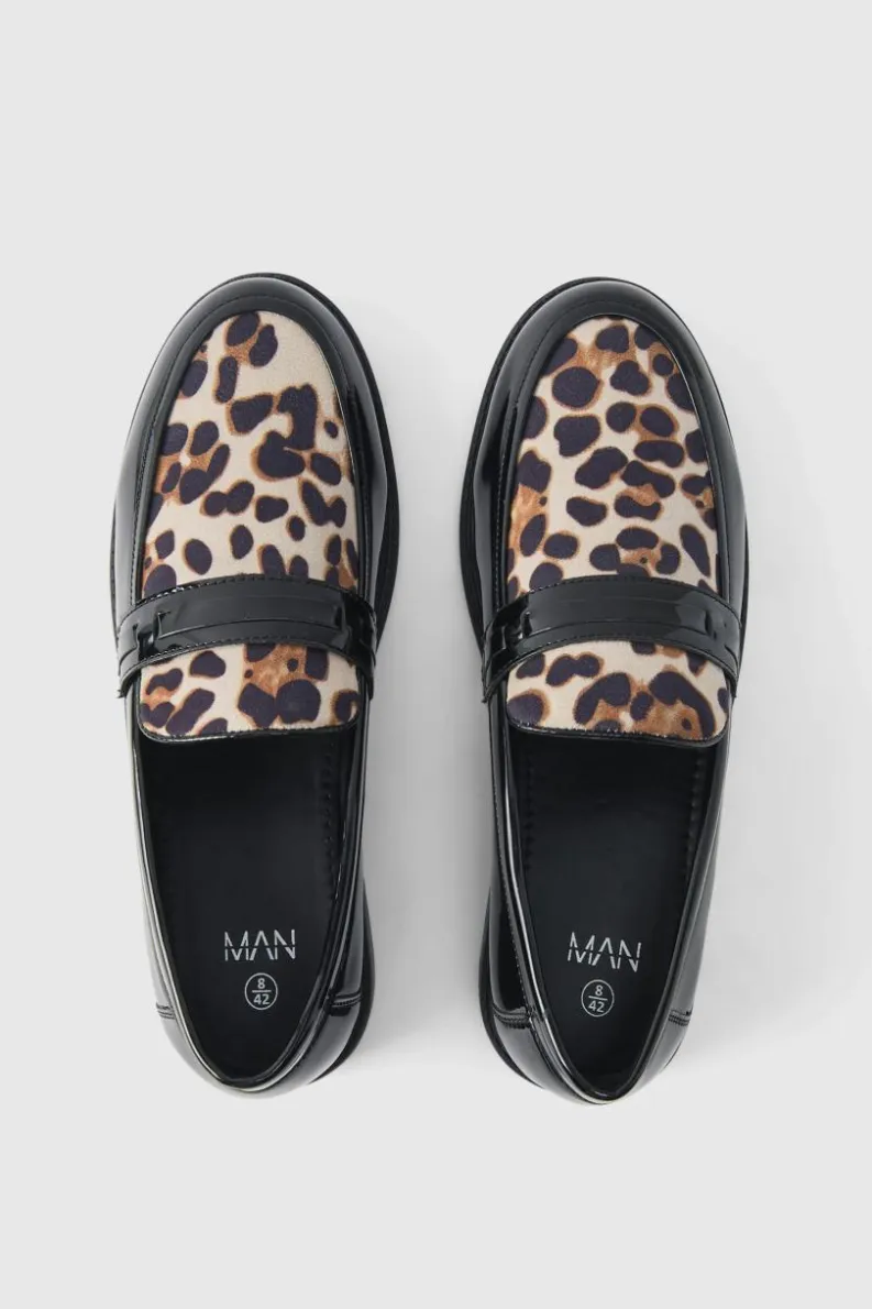 Best Sale boohooMAN Leopard Patent Pu Loafers black