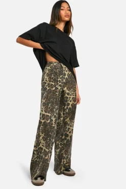 Best boohoo Leopard Print Denim Wide Leg Jean brown