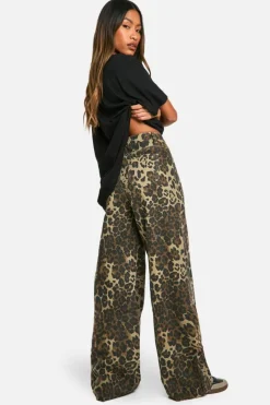 Best boohoo Leopard Print Denim Wide Leg Jean brown