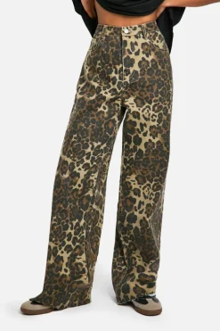 Best boohoo Leopard Print Denim Wide Leg Jean brown