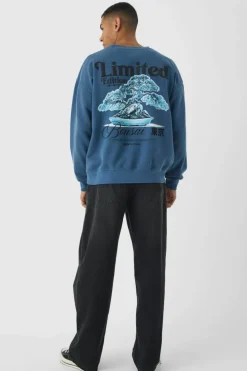 Best boohooMAN Limited Edition Bonsai Puff Print Washed Sweatshirt slate blue