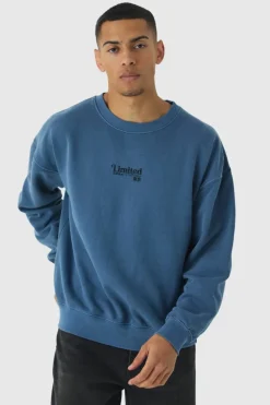 Best boohooMAN Limited Edition Bonsai Puff Print Washed Sweatshirt slate blue