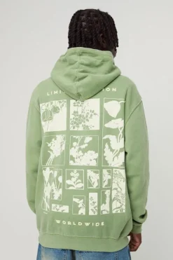 Clearance boohooMAN Limited Edition Botanical 3D Print Washed Hoodie olive