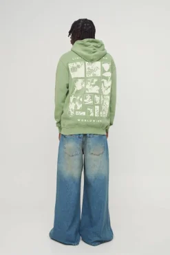 Clearance boohooMAN Limited Edition Botanical 3D Print Washed Hoodie olive