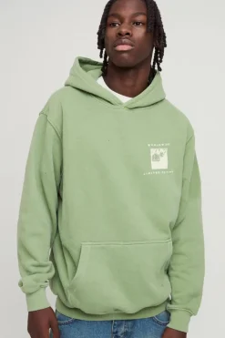 Clearance boohooMAN Limited Edition Botanical 3D Print Washed Hoodie olive