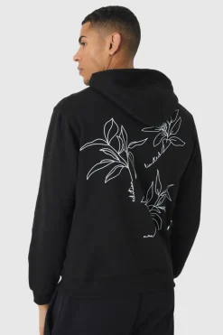 Flash Sale boohooMAN Line Drawn Floral Embroidered Graphic Zip Through Hoodie black
