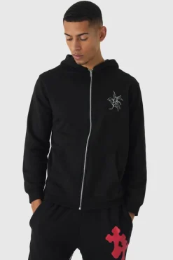 Flash Sale boohooMAN Line Drawn Floral Embroidered Graphic Zip Through Hoodie black