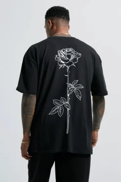 Best Sale boohooMAN Line Drawn Rose Stem Print T-shirt black