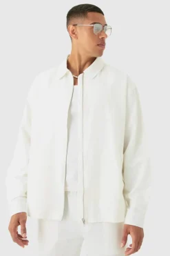 Best boohooMAN Linen Mix Relaxed Harrington Jacket natural