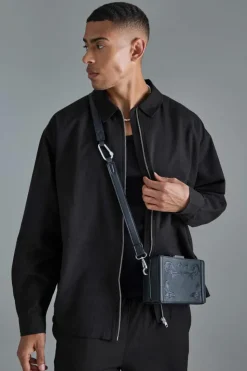 Fashion boohooMAN Linen Mix Relaxed Harrington Jacket black