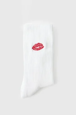 Shop boohooMAN Lips Embroidered Half Terry Socks white