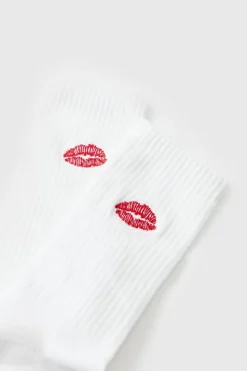 Shop boohooMAN Lips Embroidered Half Terry Socks white