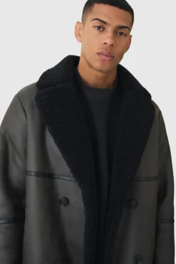 Shop boohooMAN Longline Double Breasted Borg Overcoat In dark brown