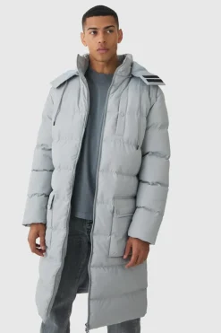 Online boohooMAN Longline Hooded Puffer Coat In Grey grey marl