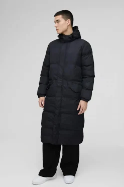 New boohooMAN Longline Hooded Puffer in black