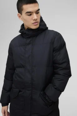 New boohooMAN Longline Hooded Puffer in black