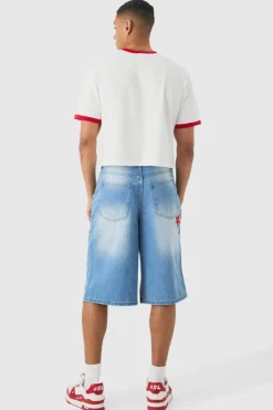 Flash Sale boohooMAN Longline Star Applique Gusset Denim Jorts In light blue