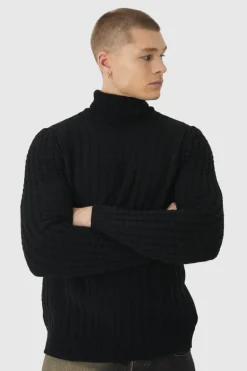 Clearance boohooMAN Long Sleeve Cable Knit Roll Neck Jumper In black
