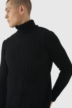 Clearance boohooMAN Long Sleeve Cable Knit Roll Neck Jumper In black