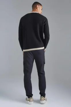 Outlet boohooMAN Long Sleeved Oversized Contrast Collar Knitted Polo black