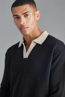 Outlet boohooMAN Long Sleeved Oversized Contrast Collar Knitted Polo black