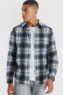 Store boohooMAN Long Sleeve Flannel Check Shirt black