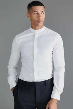 Sale boohooMAN Long Sleeve Grandad Collar Slim Shirt white