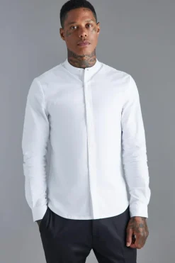 Discount boohooMAN Long Sleeve Grandad Collar Slim Shirt white