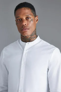 Discount boohooMAN Long Sleeve Grandad Collar Slim Shirt white