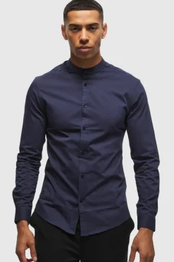 Fashion boohooMAN Long Sleeve Grandad Collar Slim Shirt navy
