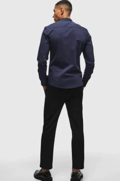 Fashion boohooMAN Long Sleeve Grandad Collar Slim Shirt navy