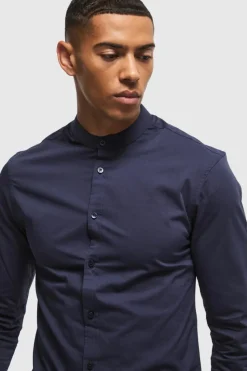 Fashion boohooMAN Long Sleeve Grandad Collar Slim Shirt navy