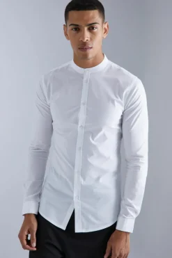 Cheap boohooMAN Long Sleeve Grandad Collar Stretch Fit Shirt white