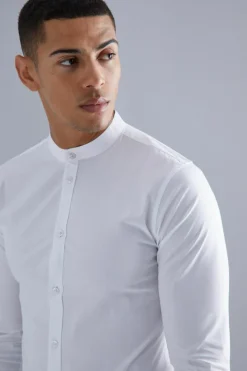 Cheap boohooMAN Long Sleeve Grandad Collar Stretch Fit Shirt white