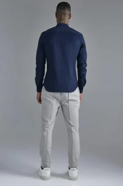 Best boohooMAN Long Sleeve Grandad Collar Stretch Shirt navy