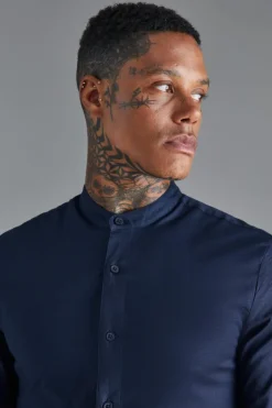 Best boohooMAN Long Sleeve Grandad Collar Stretch Shirt navy