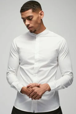 Best Sale boohooMAN Long Sleeve Grandad Collar Stretch Fit Shirt white