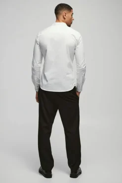 Best Sale boohooMAN Long Sleeve Grandad Collar Stretch Fit Shirt white
