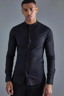 Online boohooMAN Long Sleeve Grandad Collar Stretch Shirt black