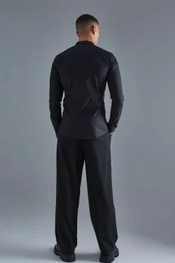 Online boohooMAN Long Sleeve Grandad Collar Stretch Shirt black