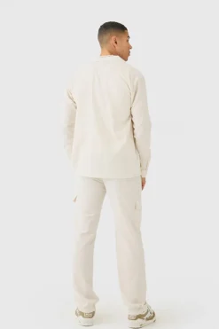 Store boohooMAN Long Sleeve Linen Cargo Shirt & Trouser natural